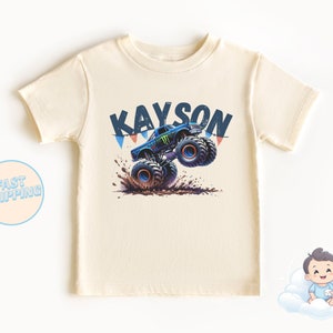 パーソナライズされた名前の幼児用Tシャツ、モンスター、モンスタートラックキッズTシャツ、モンスタートラック、ナチュラル幼児用シャツ、モンスタートラックパーティー、ワンジー