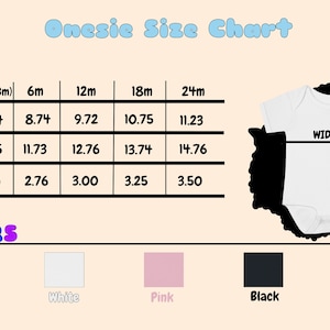 May include: A size chart for onesies in inches, with measurements for width, length, and sleeve length. The chart includes sizes from newborn to 24 months. The chart also shows five color options: navy, white, pink, black, and light blue.