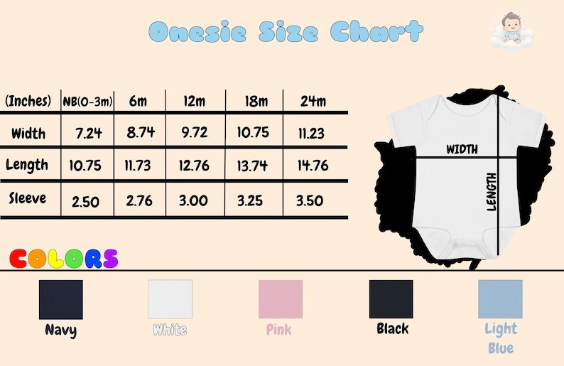 May include: A size chart for onesies in inches, with measurements for width, length, and sleeve length. The chart includes sizes from newborn to 24 months. The chart also shows five color options: navy, white, pink, black, and light blue.