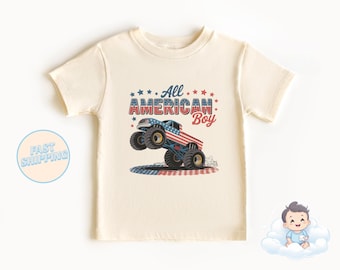Camiseta Monster Truck para meninos - Camiseta patriótica infantil - Camiseta All American Boy 4 de julho - Camiseta patriótica Monster Truck - Camiseta Monster Truck para meninos