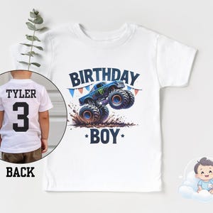 モンスタートラックの誕生日男の子 - パーソナライズされた誕生日モンスタートラックシャツ - モンスタートラックの誕生日男の子シャツ - モンスタートラックテーマ - カスタムTシャツ