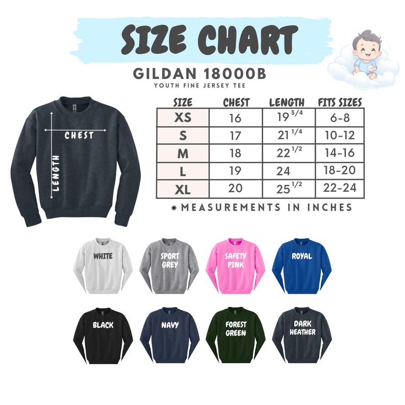 K&ouml;nnte beinhalten: Gr&ouml;&szlig;entabelle f&uuml;r Gildan 18000B Youth Fine Jersey Tee. Die Tabelle zeigt Brust- und L&auml;ngenma&szlig;e in Zoll f&uuml;r die Gr&ouml;&szlig;en XS bis XL. Enth&auml;lt eine Farbpalette der verf&uuml;gbaren Sweatshirt-Farben: Wei&szlig;, Sportgrau, Safety Pink, Royal, Schwarz, Navy, Forest Green und Dark Heather.
