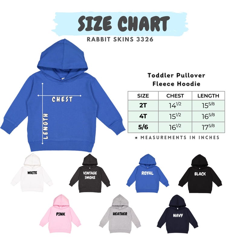 K&ouml;nnte beinhalten: Ein k&ouml;nigsblauer Kapuzenpullover aus Fleece f&uuml;r Kleinkinder mit Gr&ouml;&szlig;entabelle. Die Tabelle zeigt Brust- und L&auml;ngenma&szlig;e in Zoll f&uuml;r die Gr&ouml;&szlig;en 2T, 4T und 5/6. Zus&auml;tzliche Kapuzenpullover-Farben sind erh&auml;ltlich.