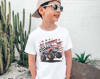 Camiseta Monster Truck para meninos - Camiseta patriótica infantil - Camiseta All American Boy 4 de julho - Camiseta patriótica Monster Truck - Camiseta Monster Truck para meninos