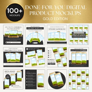 以下が含まれることがあります： 金色のテーマで100種類以上のデジタル製品モックアップのコレクション。モックアップには、スマートフォン、ラップトップ、A4用紙など、さまざまなデバイスが使用されています。モックアップは、デザインや製品を効果的に見せるのに最適です。