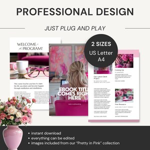 May include: A digital design template with a pink and white color scheme. The text reads "PROFESSIONAL DESIGN" and "JUST PLUG AND PLAY". Includes templates for US Letter and A4 sizes. Features the text "EBOOK TITLE COMES RIGHT HERE".