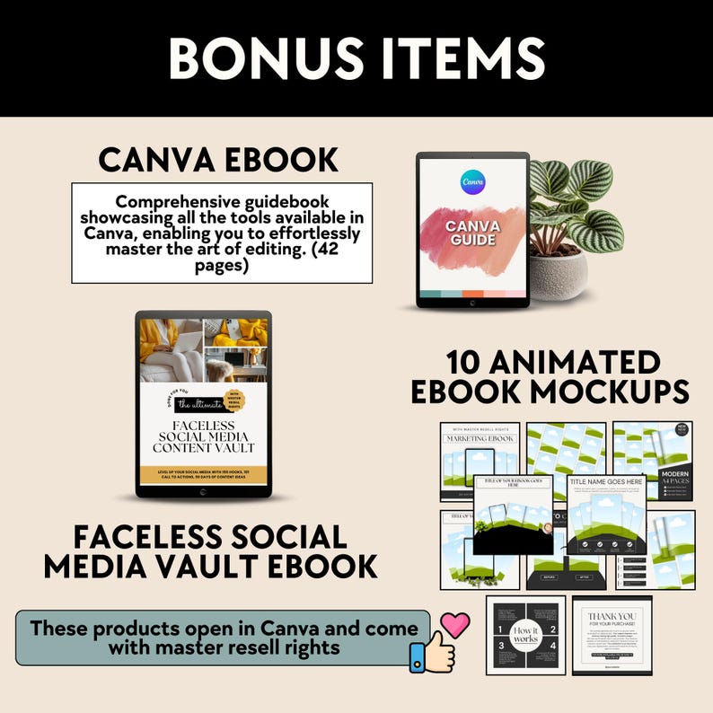 May include: A digital product bundle for social media marketers. It includes a Canva ebook guide, a Faceless Social Media Content Vault ebook, and 10 animated ebook mockups. The products are designed to help users master the art of editing in Canva.