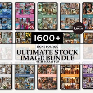 Könnte beinhalten: Eine Sammlung digitaler Moodboards auf Tablets, mit Themen wie "aesthetic blue", "flamingo pink" und "green dreams". Das Bild enthält den Text "1600+ ULTIMATE STOCK IMAGE BUNDLE WITH MRR & PLR" und "EDIT IN Canva".