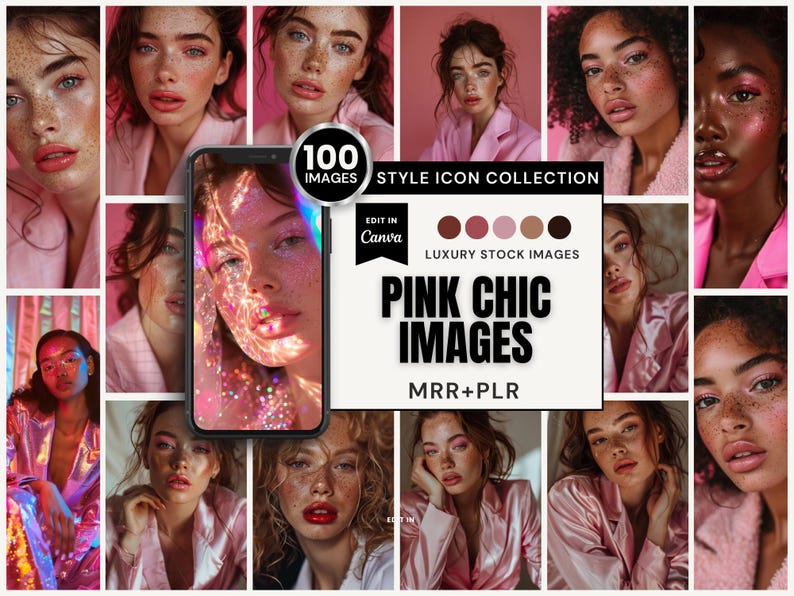 The Pink Chic Collection is a gorgeous set of 100 AI-generated stock images that mix glamour with laid-back elegance. Featuring soft, glowing pink tones, these images beautifully showcase the youthful, radiant charm of women, making them perfect for adding a touch of luxury to your digital projects. Opens in Canva.