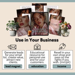 May include: A digital marketing strategy infographic with three sections: lead magnet, education, and income. Each section has a graphic icon and a description of how to use the strategy in your business. The text "Use in Your Business" is at the top of the infographic.