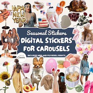 May include: A collage of digital stickers for carousels, featuring various seasonal images. Includes text that reads "HAPPY NEW YEAR" and "Seasonal Stickers DIGITAL STICKERS FOR CAROUSELS". The images include food, drinks, and holiday-themed items.