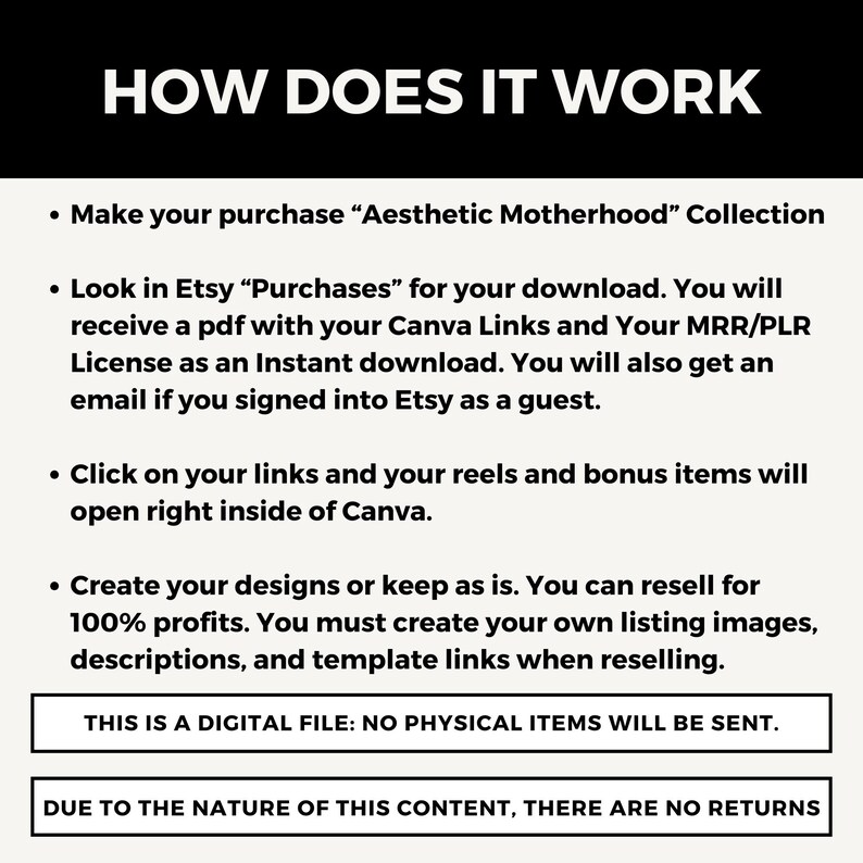 May include: A white background with black text explaining how to use the "Aesthetic Motherhood" collection. The text says to make a purchase, download a PDF with Canva links and an MRR/PLR license, click on the links to open reels and bonus items in Canva, and create designs or resell for 100% profits. The text also says that this is a digital file and there are no returns.