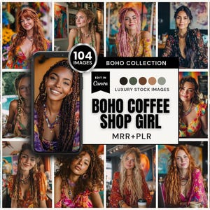104 Boho Coffee Shop Hippie Stock Images | Braids and Dreadlocks | Opens in Canva (MRR+PLR)