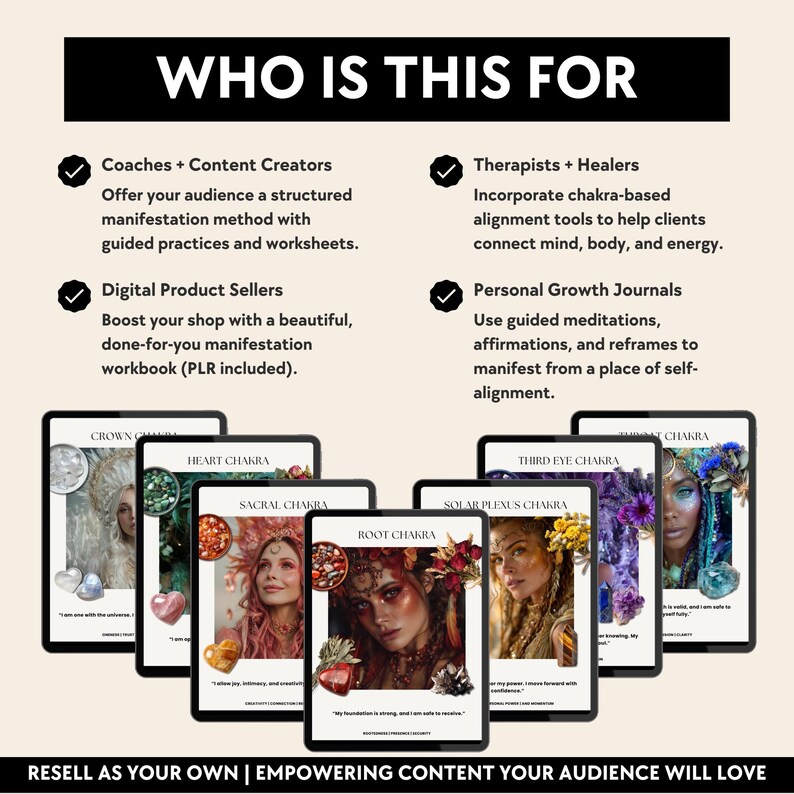 May include: A promotional image featuring seven tablets displaying chakra-themed digital workbooks. The tablets showcase images of women with text such as "Crown Chakra" and "Heart Chakra." The top of the image reads "WHO IS THIS FOR."