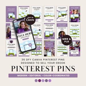 May include: A collection of 36 Canva Pinterest pins in shades of purple and white, designed to sell an ebook. The image includes a smartphone displaying a template, with the text "TITLE HERE" and "SUBTITLE GOES HERE". The words "PINTEREST PINS" are prominently displayed.