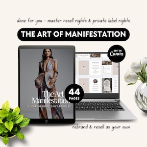 Könnte beinhalten: Ein digitales Produktcover mit einer Frau, die eine gemusterte Jacke und Hose trägt. Das Cover ist mit "The Art of Manifestation: A Guide to Creating Your Dream Life." betitelt. Das Cover enthält auch den Text "44 Pages" und "Edit in Canva".