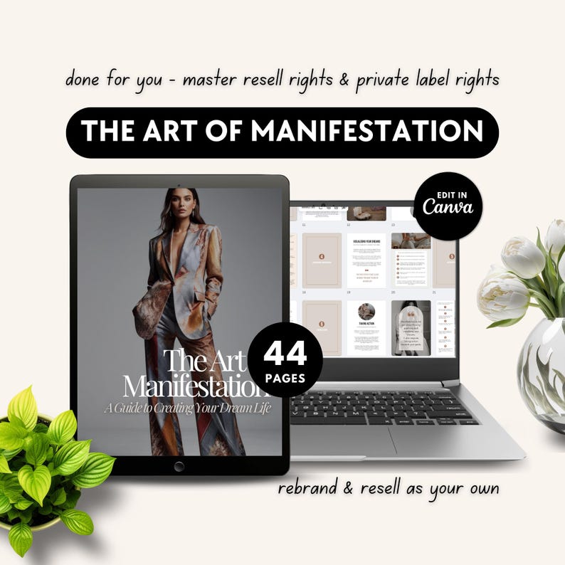 K&ouml;nnte beinhalten: Ein digitales Produktcover mit einer Frau, die eine gemusterte Jacke und Hose tr&auml;gt. Das Cover ist mit "The Art of Manifestation: A Guide to Creating Your Dream Life." betitelt. Das Cover enth&auml;lt auch den Text "44 Pages" und "Edit in Canva".