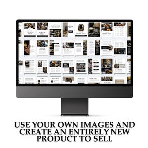 May include: A computer screen displaying a mockup of an ebook template. The template is designed in a modern, minimalist style with black and white text and images. The ebook template includes a table of contents, chapters, a Q&A section, resources, and a thank you page. The text on the screen reads "Ebook Title" and "Contents".