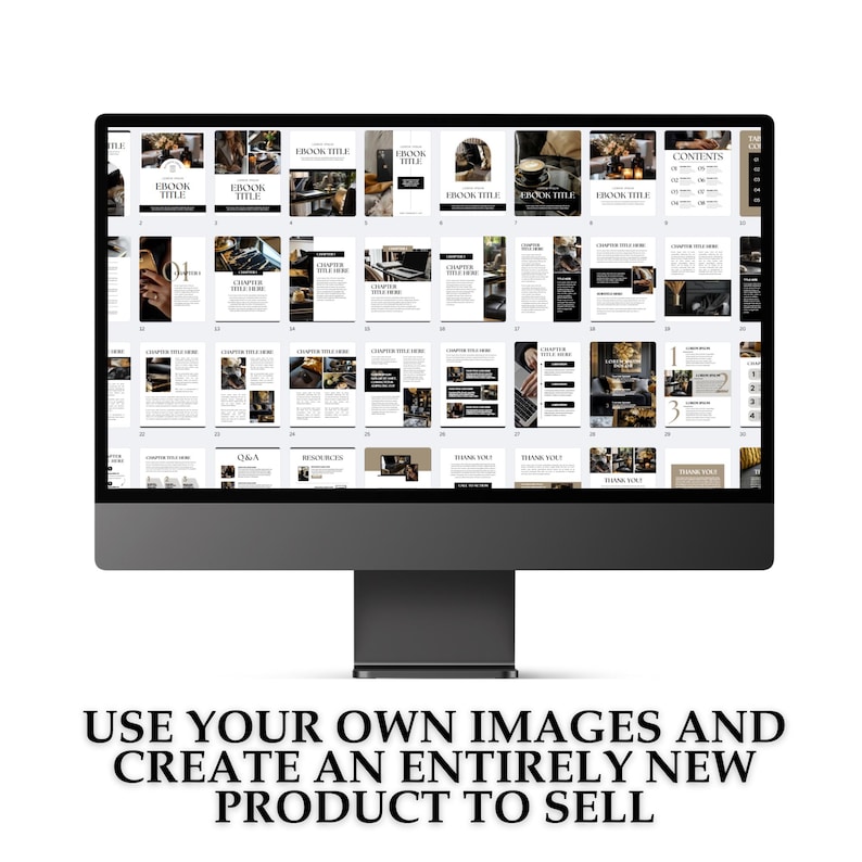 May include: A computer screen displaying a mockup of an ebook template. The template is designed in a modern, minimalist style with black and white text and images. The ebook template includes a table of contents, chapters, a Q&A section, resources, and a thank you page. The text on the screen reads "Ebook Title" and "Contents".