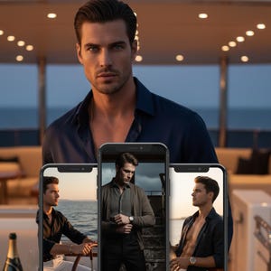 Puede incluir: Un hombre con una camisa azul marino, con tres pantallas de tel&eacute;fono inteligente que muestran im&aacute;genes del mismo hombre con diferentes atuendos. El fondo muestra un yate con una puesta de sol y vista al mar.