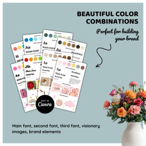 K&ouml;nnte beinhalten: Designvorlagen mit Farbpaletten, Schriftbeispielen und Bildvorschl&auml;gen. Die Vorlagen sind mit "Main Font", "Headings" und "Brand Colors" beschriftet. Der Text "Beautiful Color Combinations" steht oben, mit "Edit in Canva" in einem Kreis.