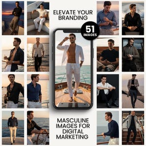 Puede incluir: Una colecci&oacute;n de im&aacute;genes de estilo de vida que presentan a hombres con varios atuendos, incluyendo camisas, pantalones y chaquetas. Las im&aacute;genes se muestran en la pantalla de un smartphone, con el texto "ELEVATE YOUR BRANDING" y "MASCULINE IMAGES FOR DIGITAL MARKETING".