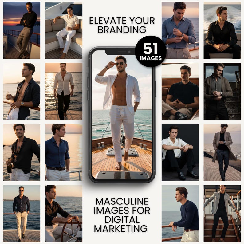 Puede incluir: Una colecci&oacute;n de im&aacute;genes de estilo de vida que presentan a hombres con varios atuendos, incluyendo camisas, pantalones y chaquetas. Las im&aacute;genes se muestran en la pantalla de un smartphone, con el texto "ELEVATE YOUR BRANDING" y "MASCULINE IMAGES FOR DIGITAL MARKETING".