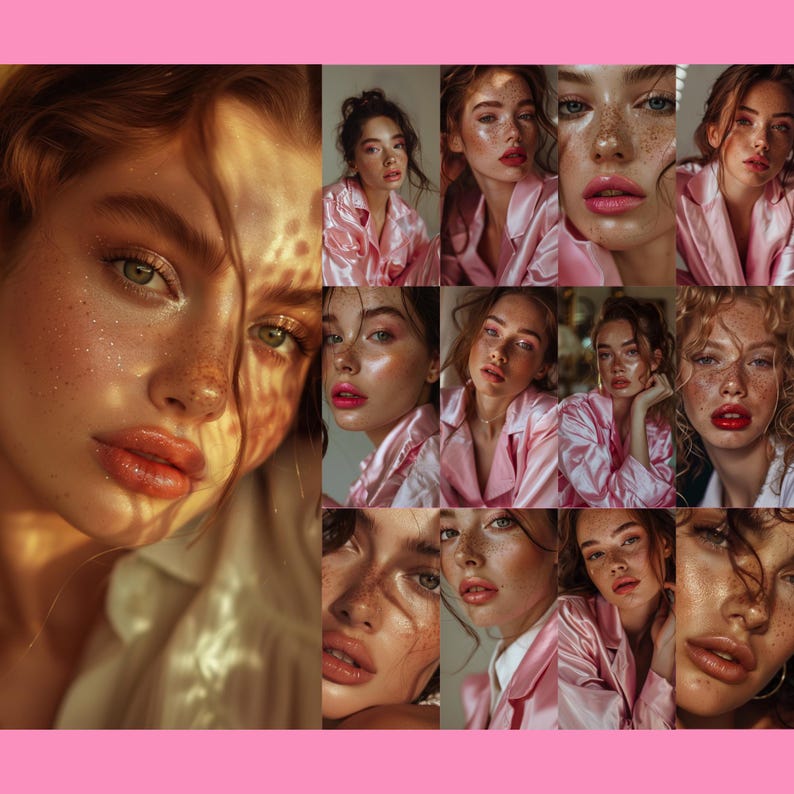 May include: A collage of portraits of women with different hairstyles and makeup looks. The women are wearing pink satin shirts and have a soft, natural glow to their skin.