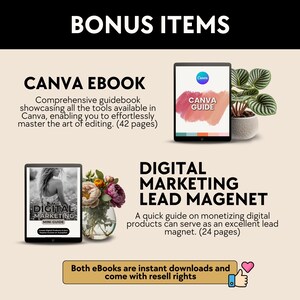 May include: Two digital marketing ebooks, one titled "Canva Guide" and the other titled "Digital Marketing Mini Guide". Both ebooks are instant downloads and come with resell rights.