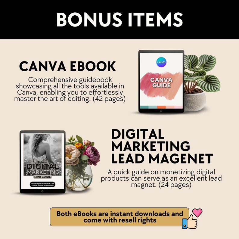 May include: Two digital marketing ebooks, one titled "Canva Guide" and the other titled "Digital Marketing Mini Guide". Both ebooks are instant downloads and come with resell rights.