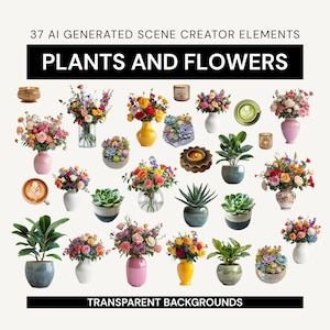 May include: An assortment of 37 AI-generated scene creator elements featuring plants and flowers with transparent backgrounds. The image showcases various floral arrangements in vases, potted plants, succulents, and decorative items like candles and a cup of coffee.
