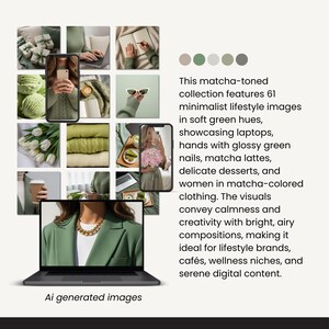 May include: A collection of 61 minimalist lifestyle images in soft green hues. The images showcase laptops, matcha lattes, and women in matcha-colored clothing. Text on the image reads "Ai generated images".