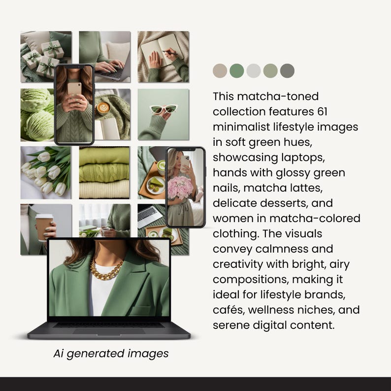 May include: A collection of 61 minimalist lifestyle images in soft green hues. The images showcase laptops, matcha lattes, and women in matcha-colored clothing. Text on the image reads "Ai generated images".