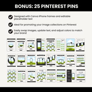 May include: A promotional graphic with the text "BONUS: 25 PINTEREST PINS." The image showcases a grid of 25 mockups of Pinterest pins, each featuring a smartphone or computer design. The pins are designed with Canva iPhone frames and editable text.