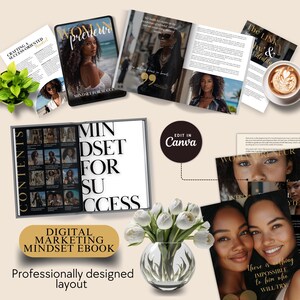 May include: A digital marketing mindset ebook with a black and gold cover. The cover features the text "MINDSET FOR SUCCESS" and "DIGITAL MARKETING MINDSET EBOOK". The ebook is open to reveal a table of contents with images of women. The image also includes a bouquet of white flowers in a clear glass vase, a cup of coffee, and a laptop with a screen displaying a magazine article about women entrepreneurs.