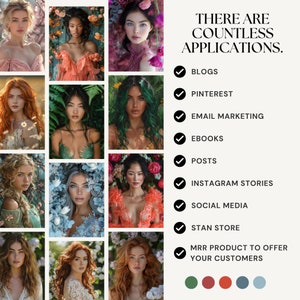 Puede incluir: Un collage de im&aacute;genes con mujeres con flores en el pelo. El texto "THERE ARE COUNTLESS APPLICATIONS." se muestra con una lista de verificaci&oacute;n de aplicaciones para productos digitales, que incluyen blogs, Pinterest, marketing por correo electr&oacute;nico, libros electr&oacute;nicos, publicaciones, historias de Instagram, redes sociales, tienda Stan y producto MRR para ofrecer a sus clientes.