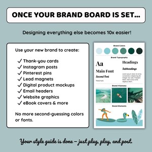 K&ouml;nnte beinhalten: Ein Grafikdesign-Leitfaden mit einem t&uuml;rkis-wei&szlig;en Farbschema. Der Leitfaden enth&auml;lt Abschnitte zu Markenfarben, Typografie und Markenelementen. Der Text enth&auml;lt "ONCE YOUR BRAND BOARD IS SET..." und "Verwenden Sie Ihre neue Marke, um Folgendes zu erstellen: Dankeskarten, Instagram-Posts, Pinterest-Pins, Lead-Magnete, digitale Produkt-Mockups, E-Mail-Header, Website-Grafiken, eBook-Cover und mehr."
