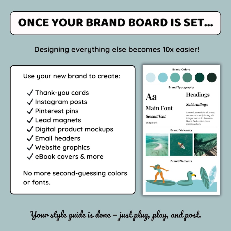K&ouml;nnte beinhalten: Ein Grafikdesign-Leitfaden mit einem t&uuml;rkis-wei&szlig;en Farbschema. Der Leitfaden enth&auml;lt Abschnitte zu Markenfarben, Typografie und Markenelementen. Der Text enth&auml;lt "ONCE YOUR BRAND BOARD IS SET..." und "Verwenden Sie Ihre neue Marke, um Folgendes zu erstellen: Dankeskarten, Instagram-Posts, Pinterest-Pins, Lead-Magnete, digitale Produkt-Mockups, E-Mail-Header, Website-Grafiken, eBook-Cover und mehr."