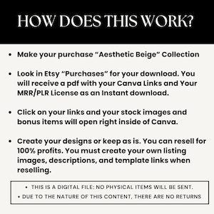 Może przedstawiać: Czarno-biała grafika tekstowa z tytułem "JAK TO DZIAŁA?" i listą instrukcji, jak kupić i używać produktu cyfrowego. Instrukcje obejmują dokonanie zakupu, pobranie pliku PDF z linkami Canva i licencją, kliknięcie link&oacute;w, aby uzyskać dostęp do obraz&oacute;w stockowych i element&oacute;w bonusowych, oraz tworzenie projekt&oacute;w lub odsprzedaż produktu.