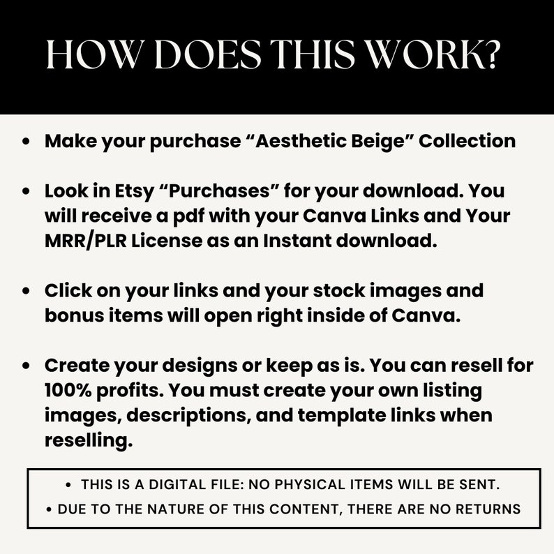 Może przedstawiać: Czarno-biała grafika tekstowa z tytułem "JAK TO DZIAŁA?" i listą instrukcji, jak kupić i używać produktu cyfrowego. Instrukcje obejmują dokonanie zakupu, pobranie pliku PDF z linkami Canva i licencją, kliknięcie link&oacute;w, aby uzyskać dostęp do obraz&oacute;w stockowych i element&oacute;w bonusowych, oraz tworzenie projekt&oacute;w lub odsprzedaż produktu.