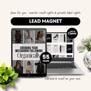 Może przedstawiać: Mockup produktu cyfrowego przedstawiający 55-stronicowy ebook zatytułowany "Rozwijaj swoje obserwujących na Instagramie w sposób organiczny" z czarno-białym designem. Ebook jest wyświetlany na laptopie z białym tłem. Tekst "PLR & MRR" jest widoczny na okładce ebooka.