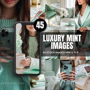 45 Luxury Mint Green Stock Image Collection | Canva Templates | 3 Sizes for Social Media with MRR & PLR | Bonus | Use in Ebooks, Websites