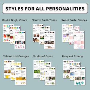 K&ouml;nnte beinhalten: Eine Grafik mit dem Text &bdquo;STYLES FOR ALL PERSONALITIES&ldquo; zeigt sechs Designstil-Kategorien: Kr&auml;ftige und helle Farben, Neutrale Erdt&ouml;ne, S&uuml;&szlig;e Pastellt&ouml;ne, Gelb und Orange, Gr&uuml;nt&ouml;ne und Einzigartig & Trendy.