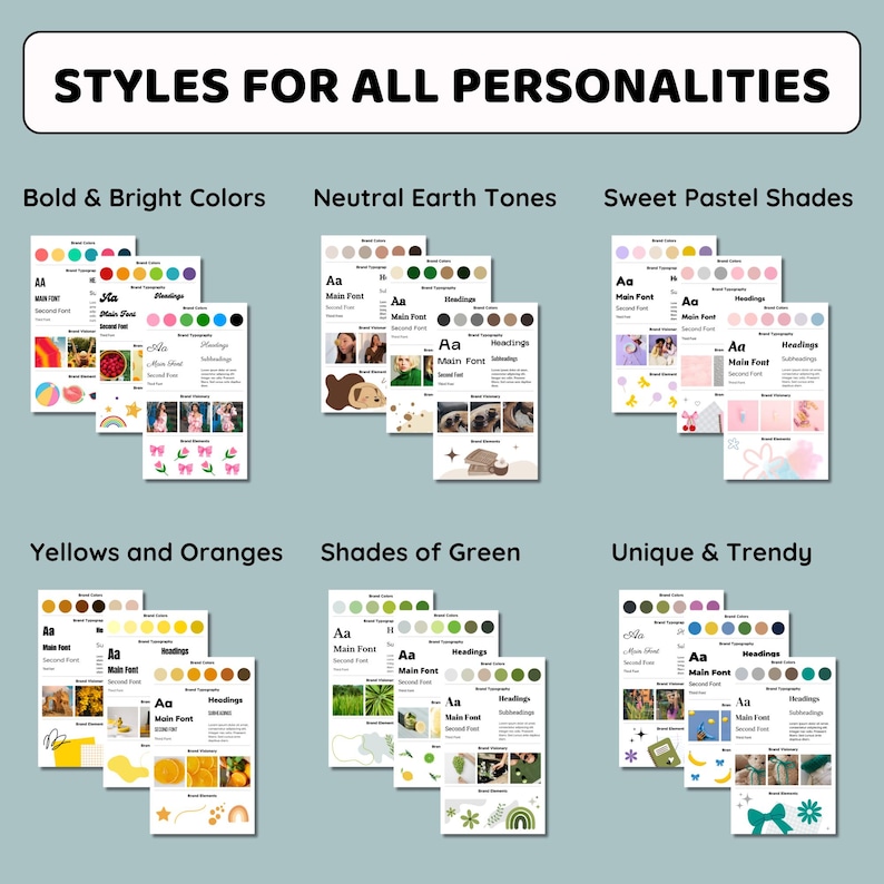 K&ouml;nnte beinhalten: Eine Grafik mit dem Text &bdquo;STYLES FOR ALL PERSONALITIES&ldquo; zeigt sechs Designstil-Kategorien: Kr&auml;ftige und helle Farben, Neutrale Erdt&ouml;ne, S&uuml;&szlig;e Pastellt&ouml;ne, Gelb und Orange, Gr&uuml;nt&ouml;ne und Einzigartig & Trendy.