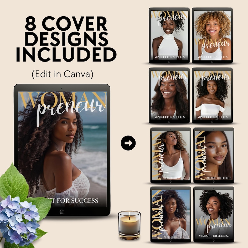 May include: Eight cover designs for a magazine titled "Womanpreneur: Mindset for Success". The covers feature different women with various hairstyles and poses. The magazine title is in gold lettering with a white background.