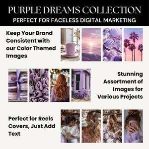 May include: A collection of purple themed images perfect for faceless digital marketing. The images include a cup of coffee, a sunset over the ocean, seashells, palm trees, macarons, tulips, a woman with long hair, a purple building with a bicycle, a woman reading a book, and a woman looking at her phone.