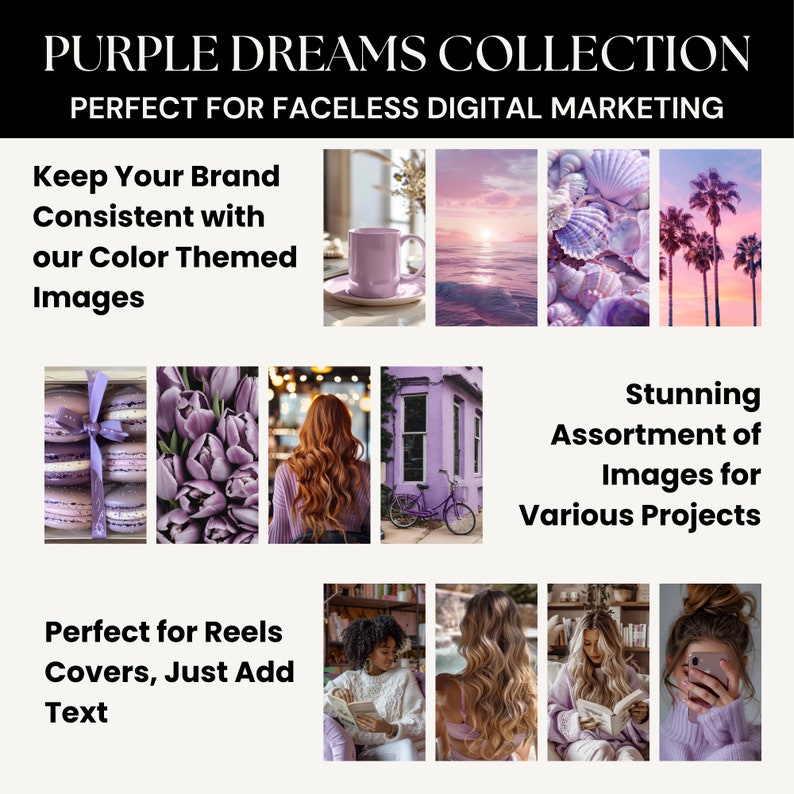 May include: A collection of purple themed images perfect for faceless digital marketing. The images include a cup of coffee, a sunset over the ocean, seashells, palm trees, macarons, tulips, a woman with long hair, a purple building with a bicycle, a woman reading a book, and a woman looking at her phone.
