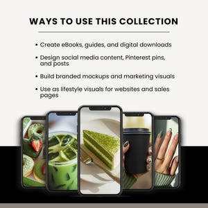 May include: Image showcasing a collection of lifestyle visuals. The text reads "WAYS TO USE THIS COLLECTION" and lists uses like eBooks, social media content, mockups, and website visuals. The image includes smartphones displaying food and drink.