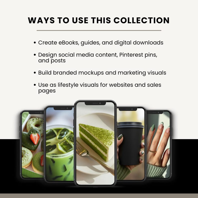May include: Image showcasing a collection of lifestyle visuals. The text reads "WAYS TO USE THIS COLLECTION" and lists uses like eBooks, social media content, mockups, and website visuals. The image includes smartphones displaying food and drink.