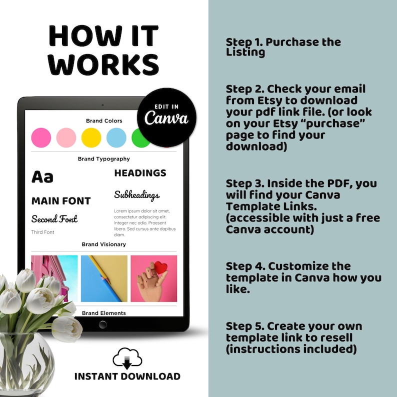 K&ouml;nnte beinhalten: Eine digitale Designvorlage, die auf einem Tablet angezeigt wird und Markenfarben, Typografie und Elemente zeigt. Das Bild enth&auml;lt den Text "HOW IT WORKS", "EDIT IN Canva" und "INSTANT DOWNLOAD". Anweisungen zur Verwendung sind aufgef&uuml;hrt.